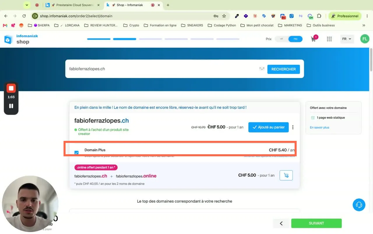 La ligne Domaine Plus est cochée d’office, il faut la décocher