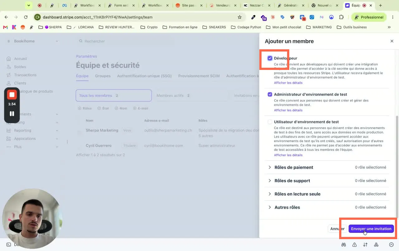 Cocher Développeur, puis Envoyer une invitation